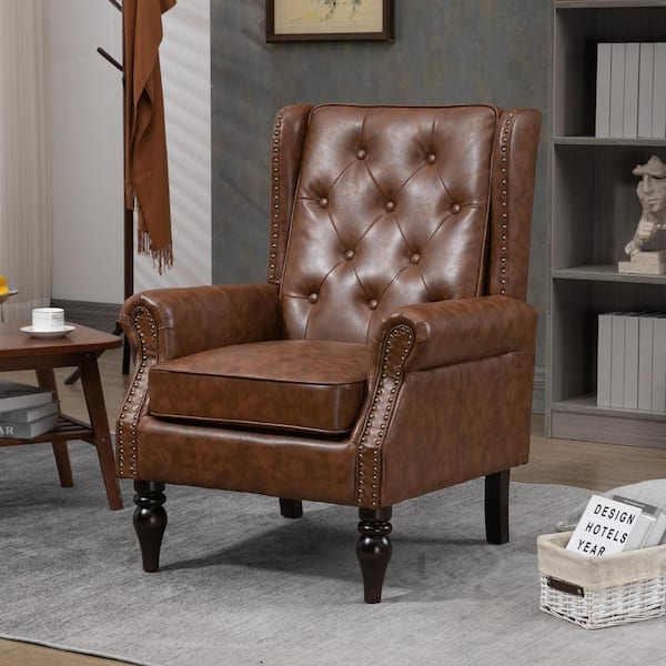 aisword LuxComfort Upholstered PU Leather Accent Chair with Nailhead Trim - Brown