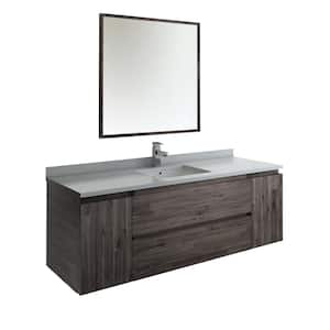 Formosa 60 in. Modern Wall Hung Vanity in Warm Gray with Quartz Stone Vanity Top in White with White Basin and Mirror