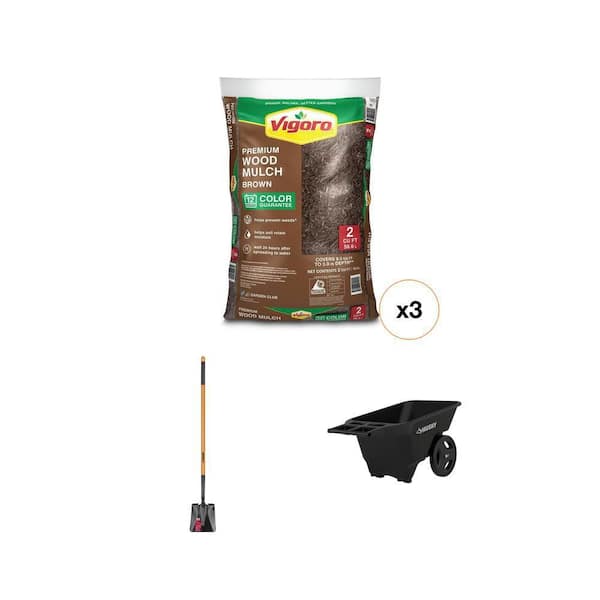 47 in. Wood Handle Transfer Shovel, 9 cu. ft. Yard Cart and 2 cu. ft. Brown Wood Mulch Combo