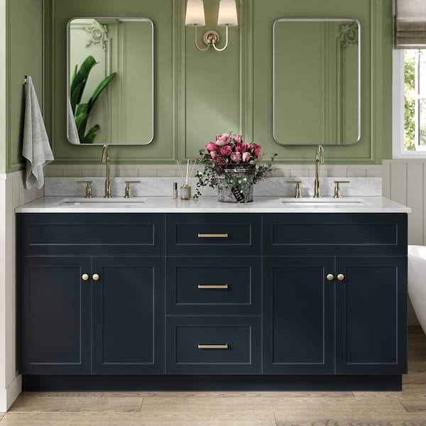 ARIEL Hamlet 73 in. W x 22 in. D x 35.25 in. H Double Freestanding Bath Vanity in Midnight Blue with White Marble Top