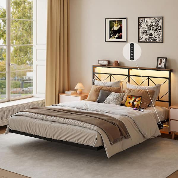 Queen Size Floating Bed Frame Metal Platform Bed Frame with LED Lights and Charging Station Easy Assembly，Black