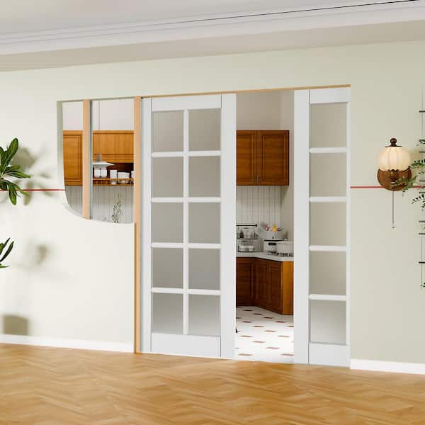 56 in. x 80 in. White Primed Solid Wood, 10 Lite Frosted Glass, Sliding Pocket Door with Soft Close, Frame and Hardware