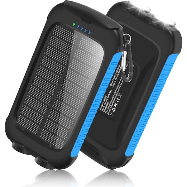 10000mAh Solar Power Bank Portable Charger External Batt Pack in Black with Dual Flashlights and Carabiner
