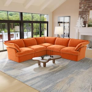 122.6 in. Orange Flared Arm 6-Piece Linen Modular Down-Filled Free Combination Sectional Sofa with Ottoman