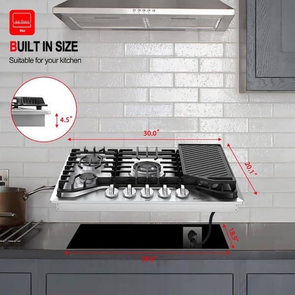 30 in. NG/LPG Convertible Gas Cooktop in Stainless Steel with 5-Burners and Reversible Cast Iron Grill/Griddle