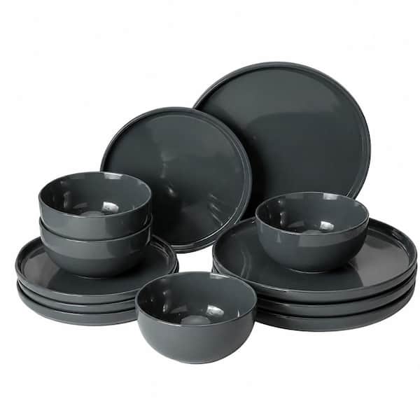 12-Piece Handpainted Speckled Stoneware Plates and Bowls Dinnerware Set Microwave Safe Service for 4