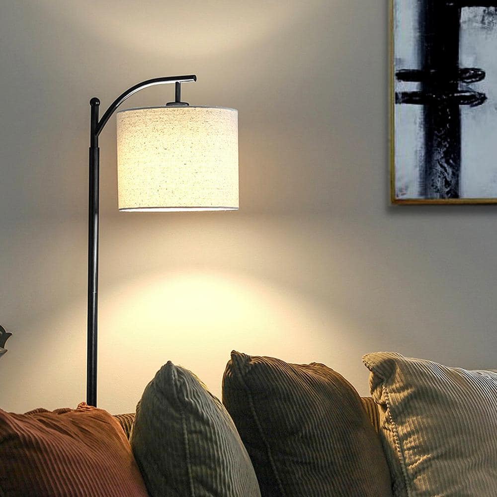 Classic Black Arc LED Floor Lamp with Tan Drum Shade