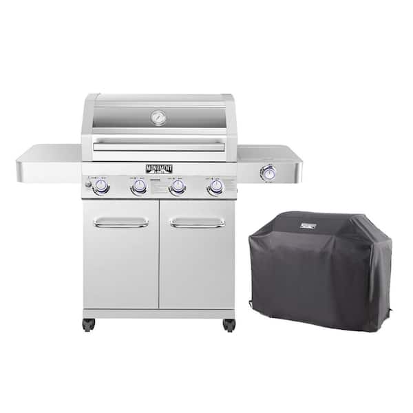 4-Burner Propane Gas Grill in Stainless with Clear View Lid, LED Controls, Side Burner, and Grill Cover