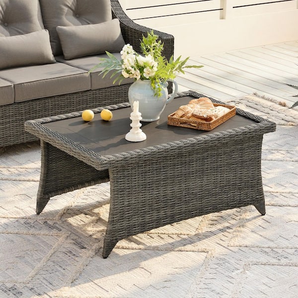 Thaddeus 43.3 in. Gray Rectangle Faux Wood Grain Metal Top End Table with Fully Wrapped Edges