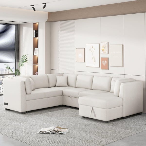 108.6 in. Square Arm Chenille Sectional Sofa with 2 USB Ports, 2 Power Sockets, 3 Back Pillows in Beige