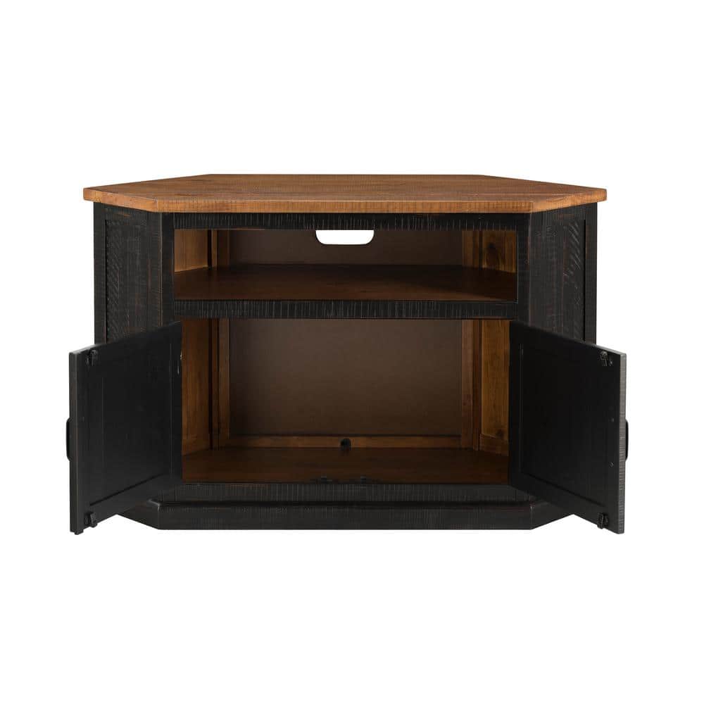 Antique Black and Honey Rustic Corner TV Stand with Cabinet