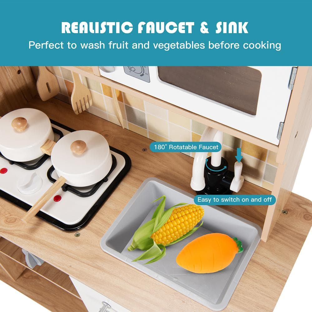 White and Natural Wooden Kids Pretend Kitchen Playset with Utensils and Sound
