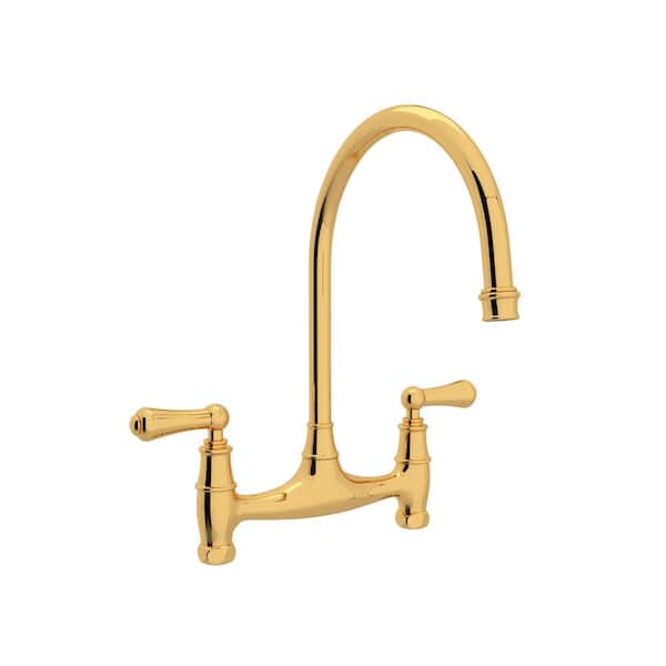 PERRIN & ROWE Georgian Era Two Handle Bridge Kitchen Faucet with No Unions in Unlacquered Brass