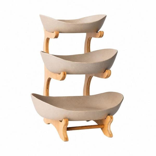 3 Tier Porcelain Fruit Bowls with Bamboo Stand, Fruit Baskets 1-Piece Storage Rack for Snacks Veggies on Countertop