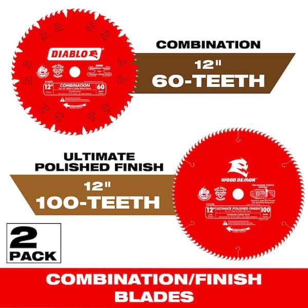DIABLO 12 in. x 60-Tooth Combination Saw Blade and 12 in. x 100-Tooth Ultimate Polished Saw Blade (2-Blades)