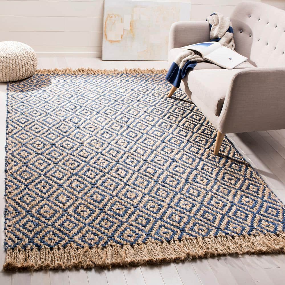 Hand-Woven Tropical Blue and Natural Jute Geometric 9' x 12' Rug