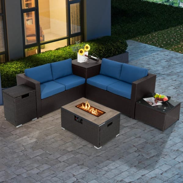 ANGELES HOME 6 Pieces Outdoor Wicker Furniture Set with Navy Blue Cushions and 32 Inch Propane Fire Pit Table