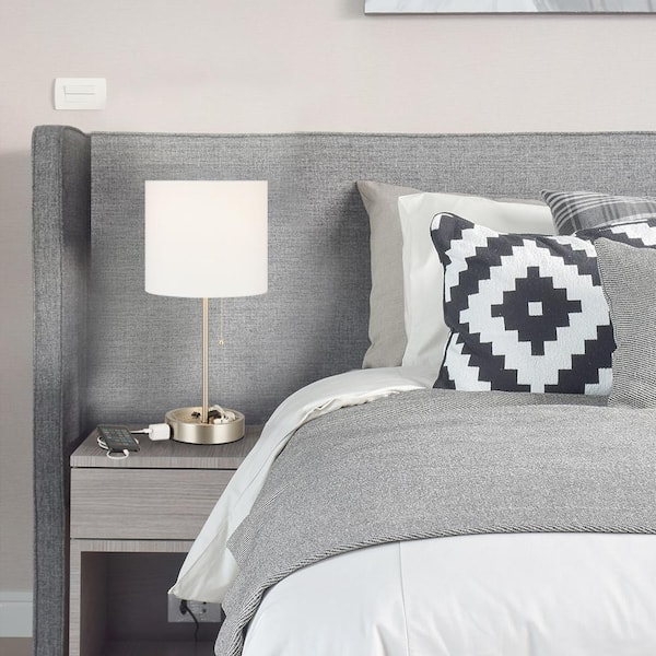 Hampton Bay 17 in. Brushed Nickel Table Lamp with Power Outlet and LED Bulb Included