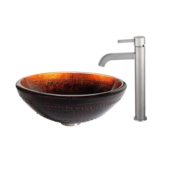 KRAUS Prometheus Glass Vessel Sink in Brown with Ramus Faucet in Satin Nickel