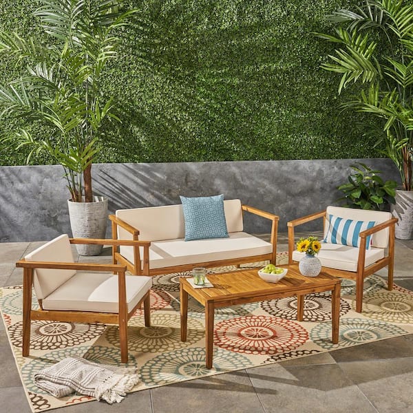 Tenleaf 4-Piece Brown Acacia Wood Patio Conversation Set with Beige Cushions
