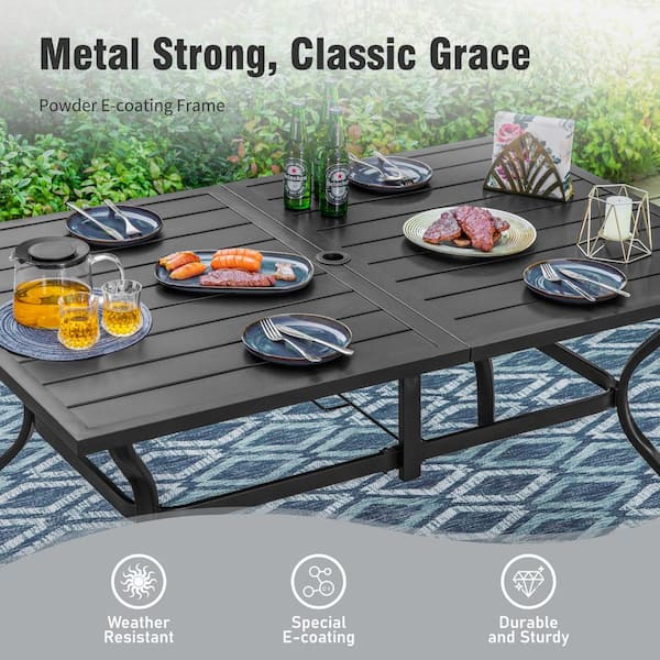 7-Piece Metal Patio Outdoor Dining Set with Slat Rectangle Table and 2 Elegant Swivel Chairs with Beige Cushions
