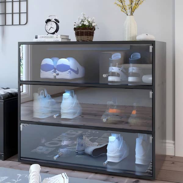 anpport 28.35 in. H x 31.3 in. W Black Wood Shoe Storage Cabinet with RGB Led Light, Shoe Box