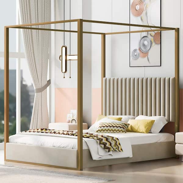 Nola Beige Wood and Gold Metal Frame Queen Size Canopy Bed with Linen Upholstered Headboard