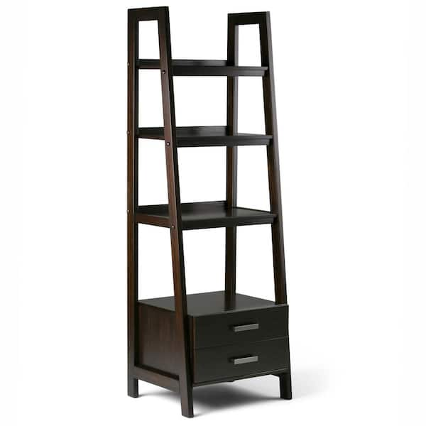 Simpli Home Sawhorse 72 in. H Dark Chestnut Brown Wood 4-Shelf Ladder Bookcase