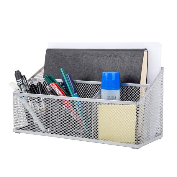 Silver Tin Pen Storage Box Stationery Organizer Pencil Case Use School Office 
