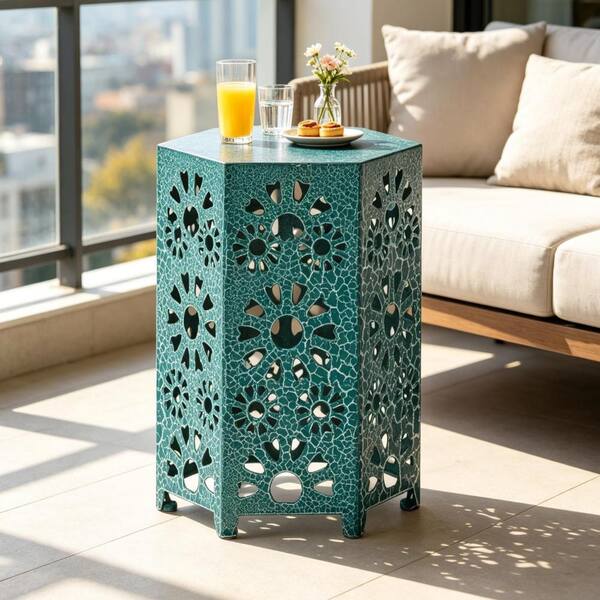 Modern 12 in. Iron Hexagon Outdoor Side Table, Teal Floral Cutout