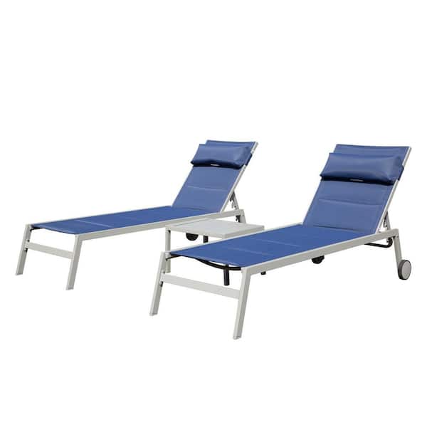 Adjustable Backrest Outdoor Chaise Lounge with Table and Wheels, Set of 3 in Navy Blue