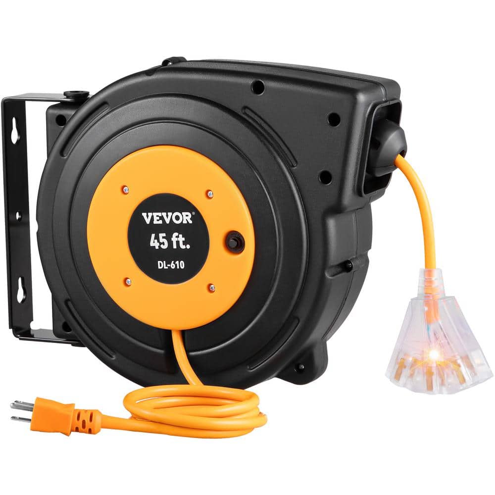 inverse retractable power electrical reel with indoor style receptacles,  length: 20' ft, wire type: SJTW, gauge: 14/3, plug: 5-15P, 4 receptacle:  5-15R, 1875 watts, UL listed 50-ft. 14/3 SJT, 15 Amp 14 awg gauge