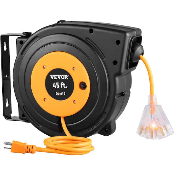 VEVOR Retractable Extension Cord Reel 45 ft. 15 Amp 12AWG/3C SJTOW Power Cord w/ Lighted Outlet 180° Bracket Wall Mount Black