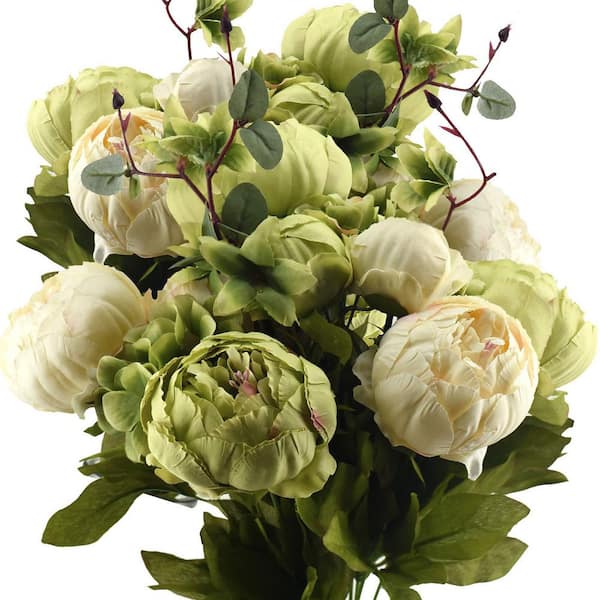 Two 19.7 in. Beige Indoor Artificial Peony Bouquets, Featuring Beige and Green Silk Flowers