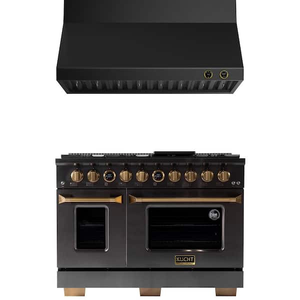 48 in. 6.7 cu. ft. 8-Burner Double Oven Dual Fuel Range for Propane Gas in Titanium and Gold Plus Wall Mount Range Hood