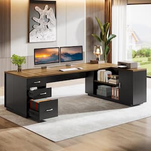 Capen 85.8 in. L-Shaped Black & Walnut Wood Executive Desk with File Drawer, Modern Business Office Desk for Home Office