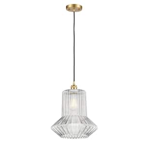 Springwater 1-Light Satin Gold Shaded Pendant Light with Clear Spiral Fluted Glass Shade
