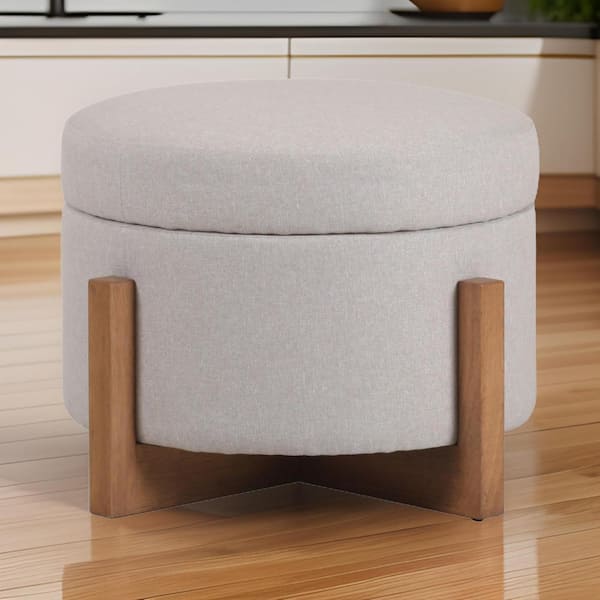Benjara Beige and Brown Polyester Round Storage Ottoman Medium