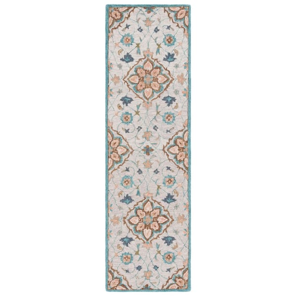 Blossom 2 ft. x 8 ft. Beige/Blue Floral Border Runner Rug