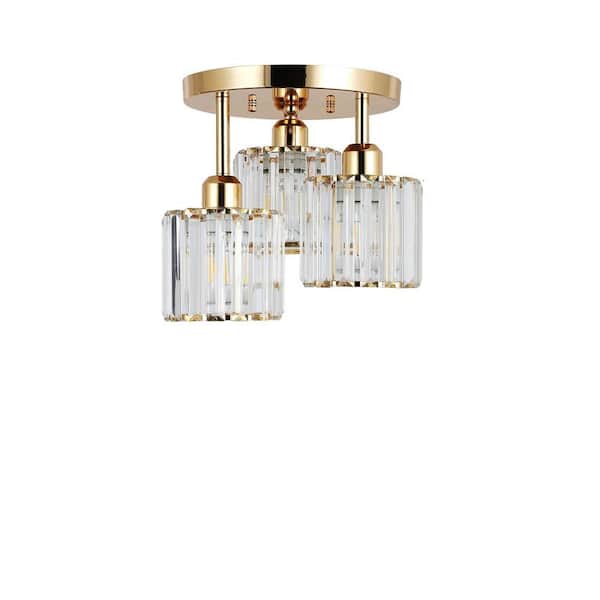 10.6 in. W 3-Light Gold Semi Flush Mount Ceiling with Clear Crystal Shades, E26, No Bulbs Included
