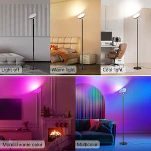 71 in. Classic Black RGB Dimmable LED Light and Color Temperature Torchiere Floor Lamp with Remote Control