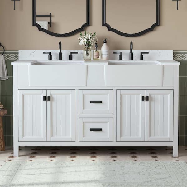 Richfield 61 in. Double Sink Freestanding White Bath Vanity with White Engineered Stone Top and Backsplash Assembled