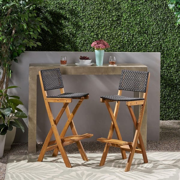 Polaris Teak Brown Folding Wood Outdoor Patio Bar Stool (2-Pack)