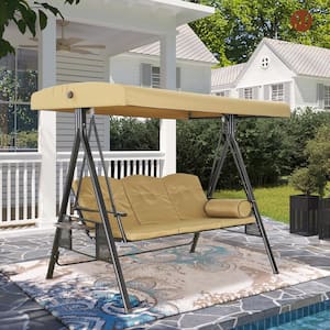 3-Person Dark Brown Steel Patio Swing with Beige Removable Cushions and Adjustable Canopy