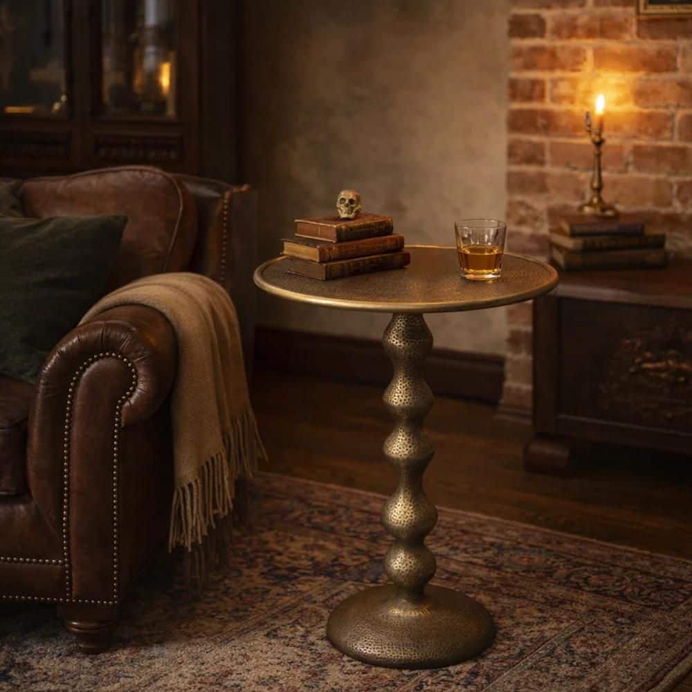 15 in. Brass Round Metal End/Side Table with Hammered Texture - thumbnail 4