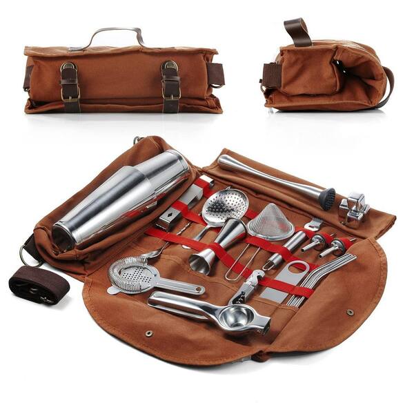 25-Piece Professional Bartender Cocktail Shaker Set with Canvas Carry Bag for Home and Travel Gift Use