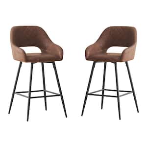 38.2 in. Metal High Back Outdoor Bar Stool with Brown Velvet Cushion (Set of 2)