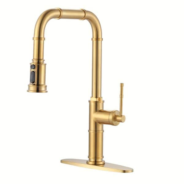 Single Handle 17.9 in. H Pull Down Sprayer Kitchen Faucet with 360° Spout Swivel and 3-Mode Spray in Gold