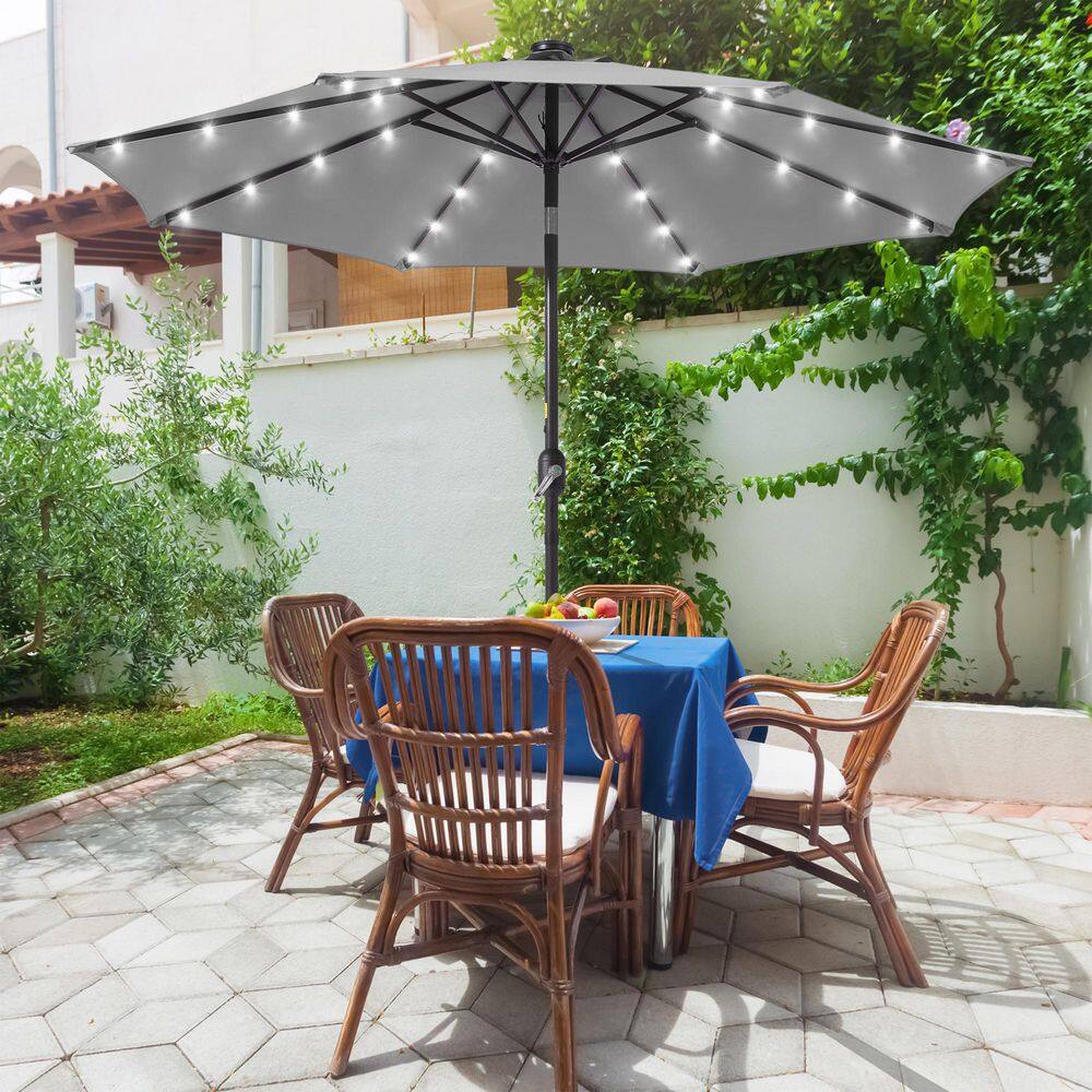 9 ft. Market Solar Lighted LED and Tilt Button Outdoor Table Patio Umbrella, UV-Resistant Canopy in Grey price history on PriceWatchPro