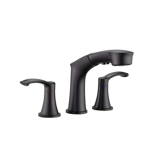 PERLIRIA INC Deck Mount Double Handles Bathroom Faucet, 8 in. Widespread 3 Hole Bathroom Sink Faucet with Pull Out Sprayer in Black